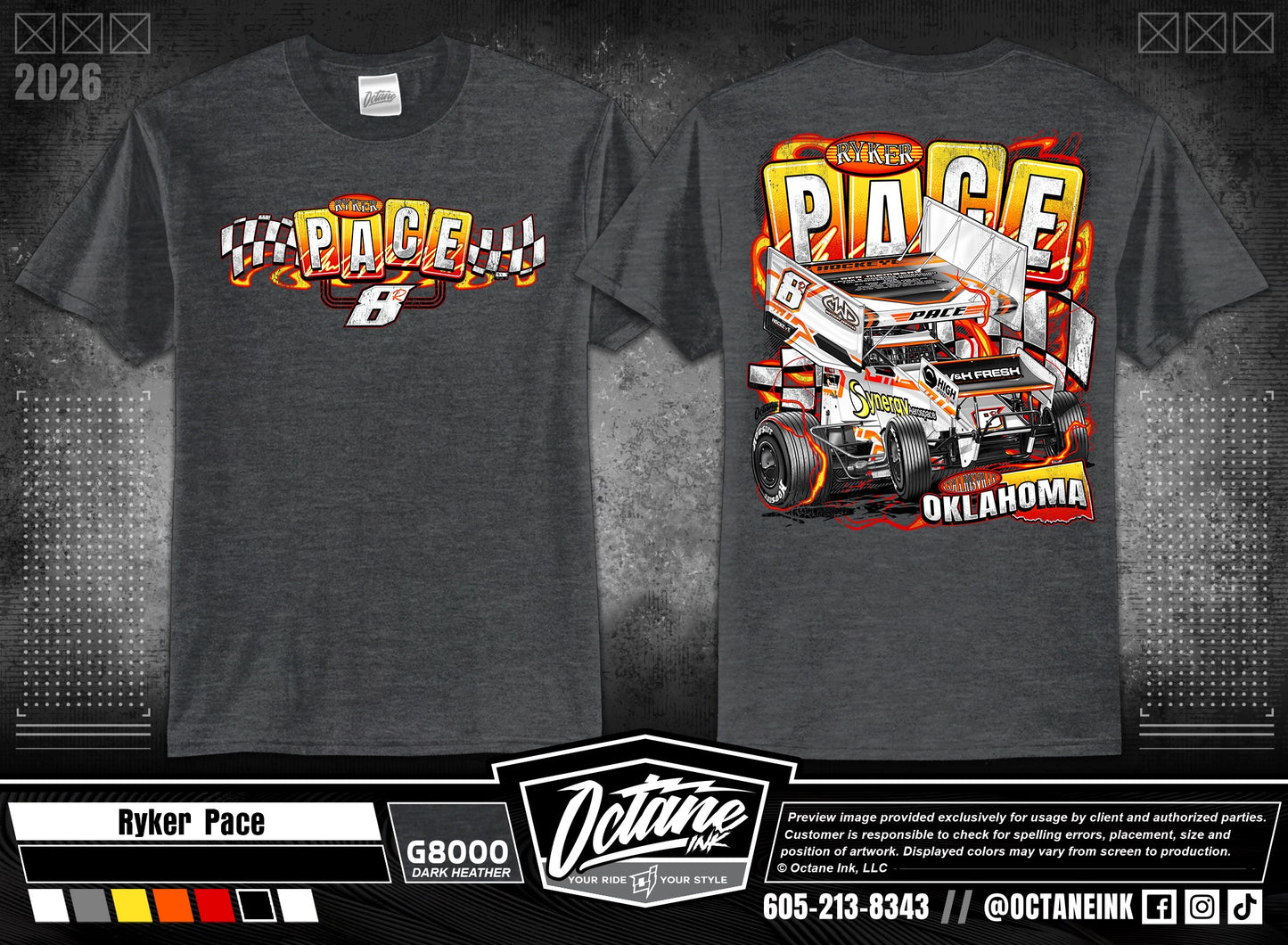 Gray t-shirt with 'Ryker Pace' graphic design on a dark background